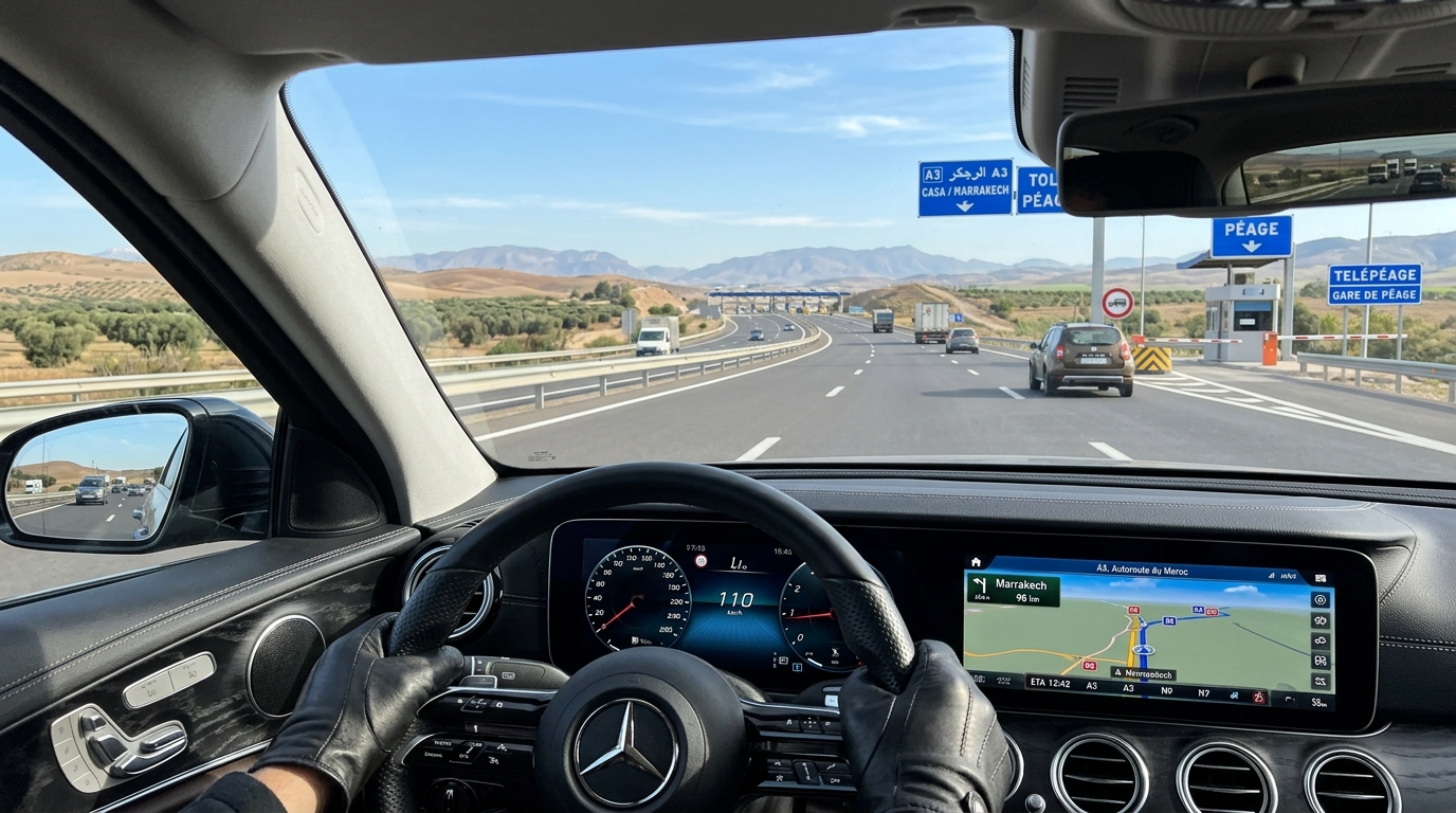 Driver with smartphone navigation mounted on dashboard on a smooth Moroccan autoroute