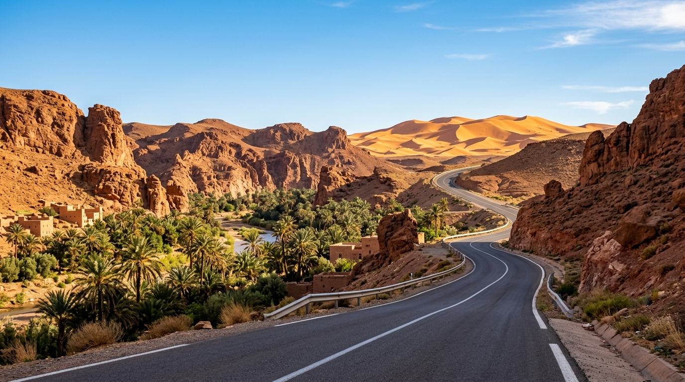Sweeping panorama of the paved highway cutting through the Ziz Gorge towards the Sahara Desert dunes