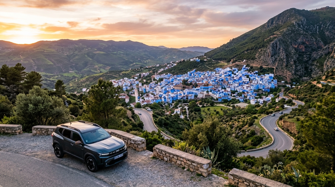 Montage of beautiful Moroccan day-trip destinations: Chefchaouen blue medina, Roman ruins of Volubilis, and Ifrane chalets